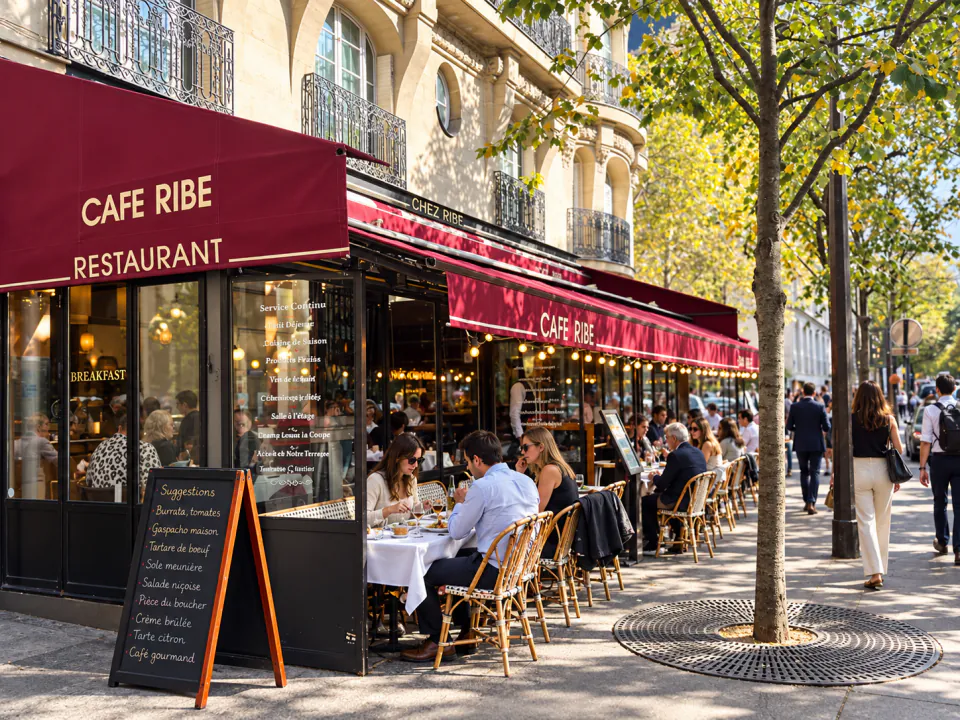 La terrasse du Café Ribe le long de l’avenue de Suffren au soleil