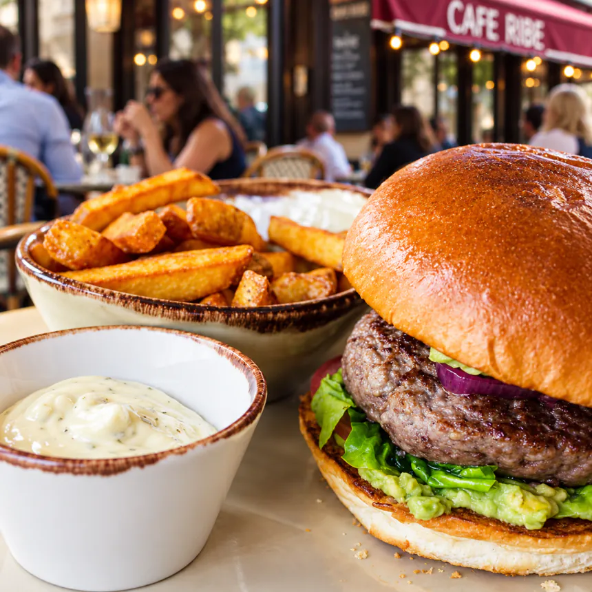 Un burger, des potatoes et leur sauce servis au Café Ribe