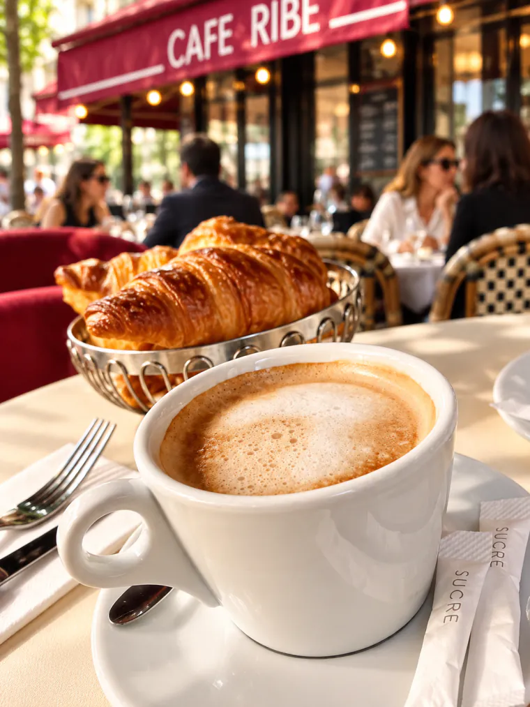 Un café crème et un panier de croissants sur une table en terrasse