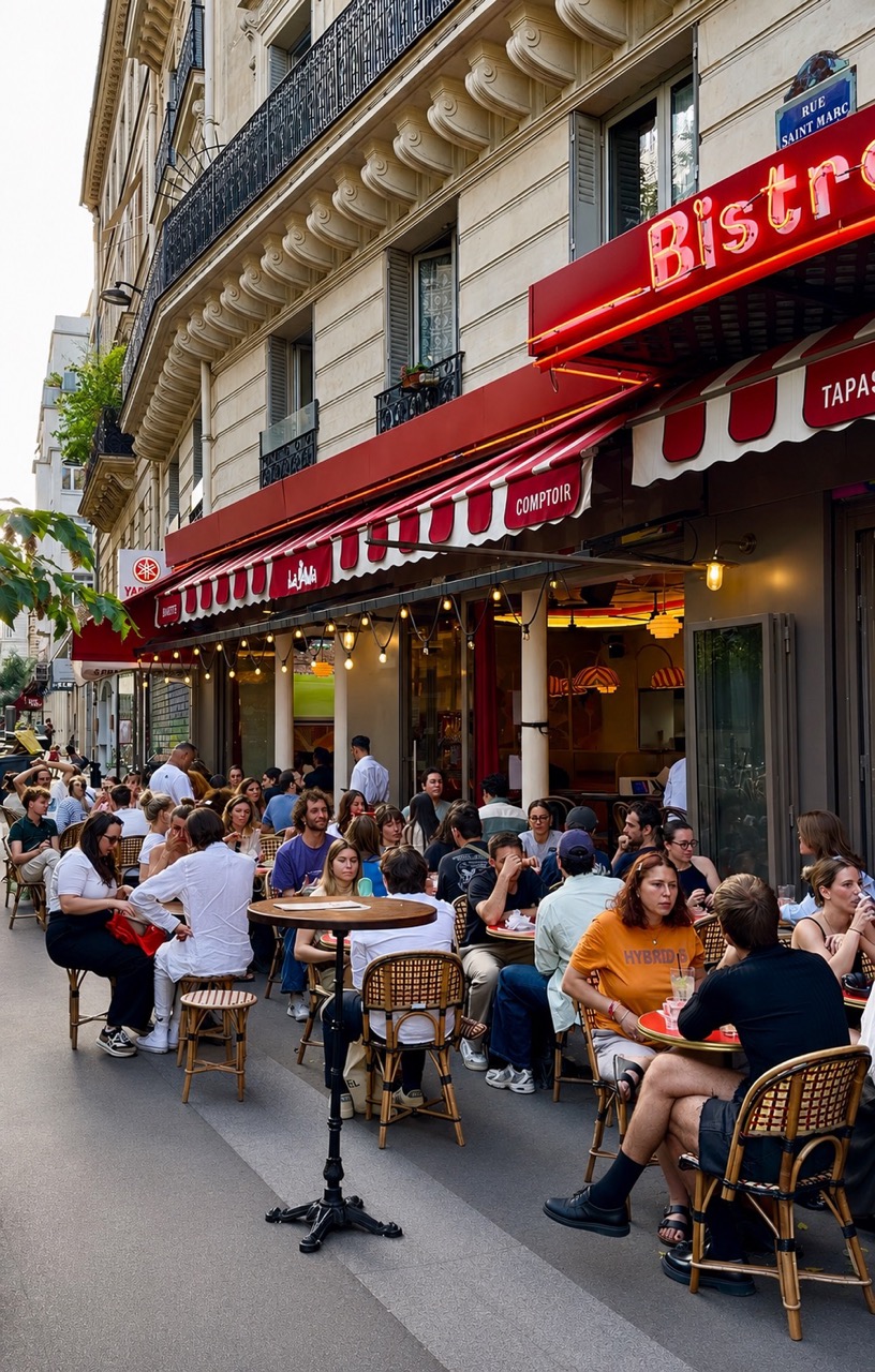 Terrasse animée de la brasserie La Java rue Montmartre à Paris