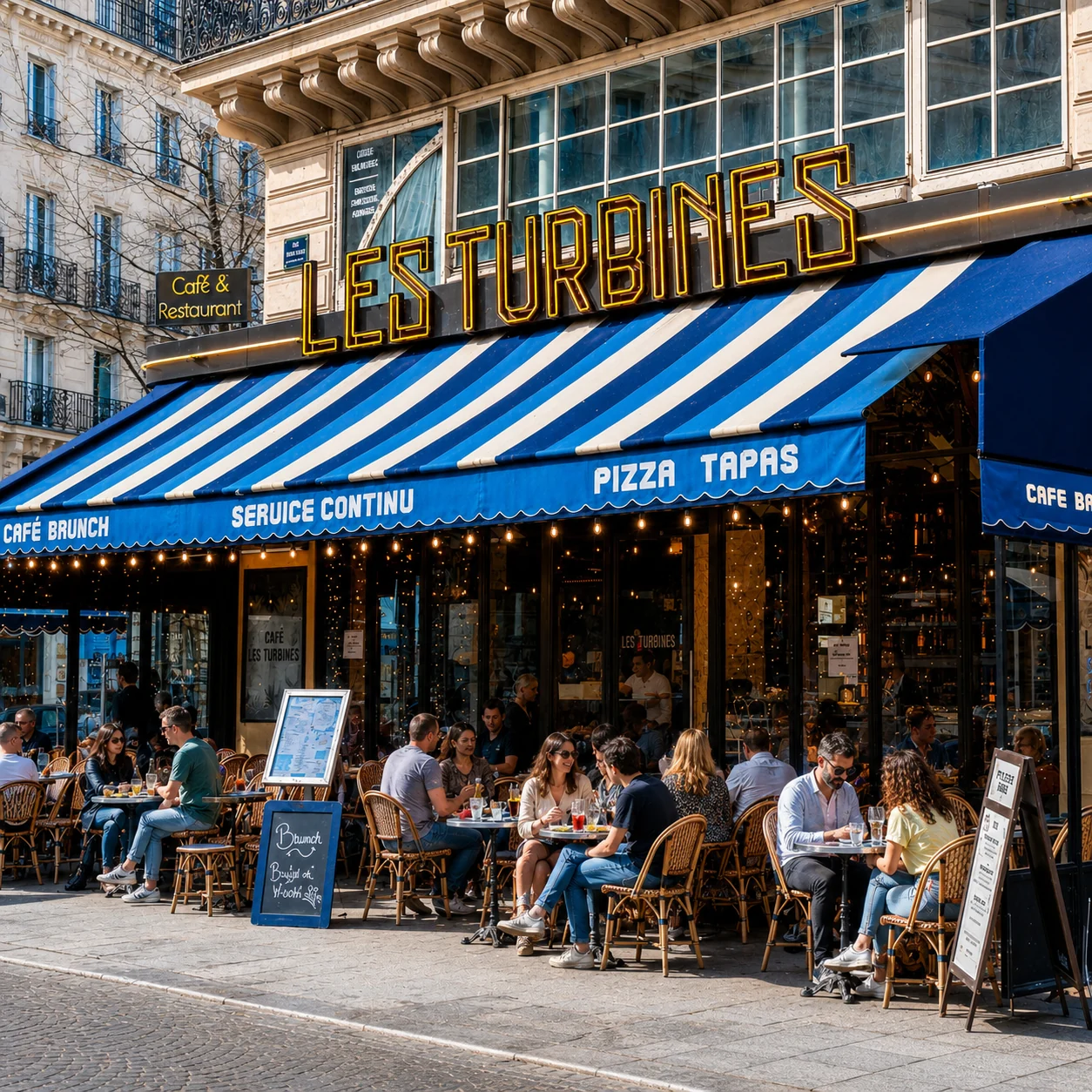 Façade et terrasse du café-restaurant Les Turbines à Paris