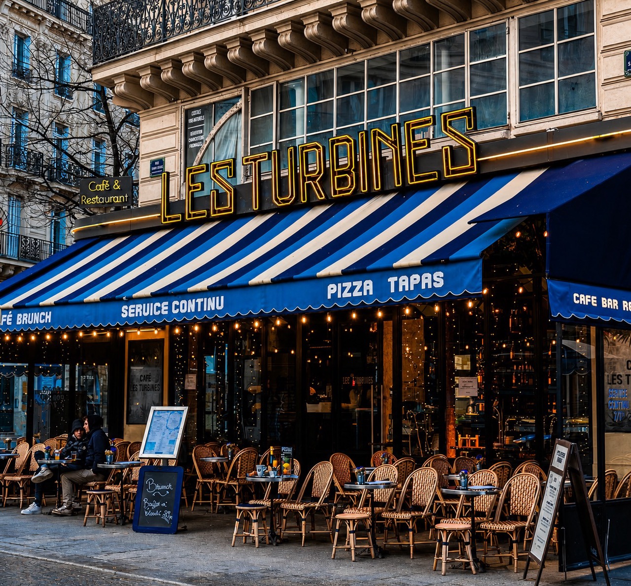 Façade et terrasse du café-restaurant Les Turbines à Paris
